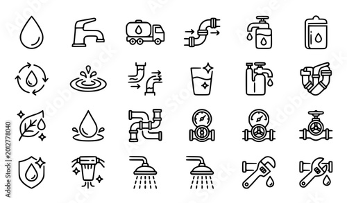 Water Supply Line Icons Set – Plumbing, Droplet, Faucet, Eco Water Delivery Outline Vector Collection