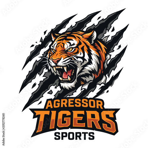 Aggressive tiger heads tearing through claw marks sports mascot