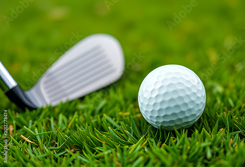 Golf Ball and Iron Club on Green Grass Fairway, Professional Sports Equipment, Outdoor Recreation, Golf Tournament Practice and Leisure Sport Game Concept