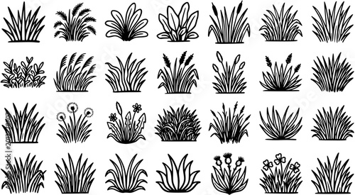 Foto Black  White Line Art Grass and Plant Icons: A Diverse Set of Nature, Gardening, and Landscape Design Elements