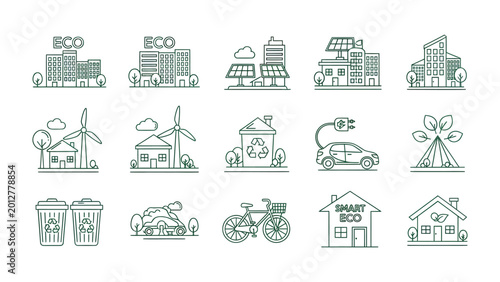 Schilderij op canvas Eco-friendly Icons Set: Collection of environmentally conscious icons showcases diverse sustainable practices, from renewable energy sources to eco-friendly building designs