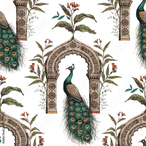 Isolated a realistic Traditional Mughal Garden arch, plant, peacock seamless pattern illustration for invitation vector art with white background..