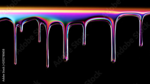 Hypnotic motion of viscous, iridescent liquid chrome dripping from the top of the screen against a pitch-black void. The liquid shifts colors in a smooth rainbow gradient.
