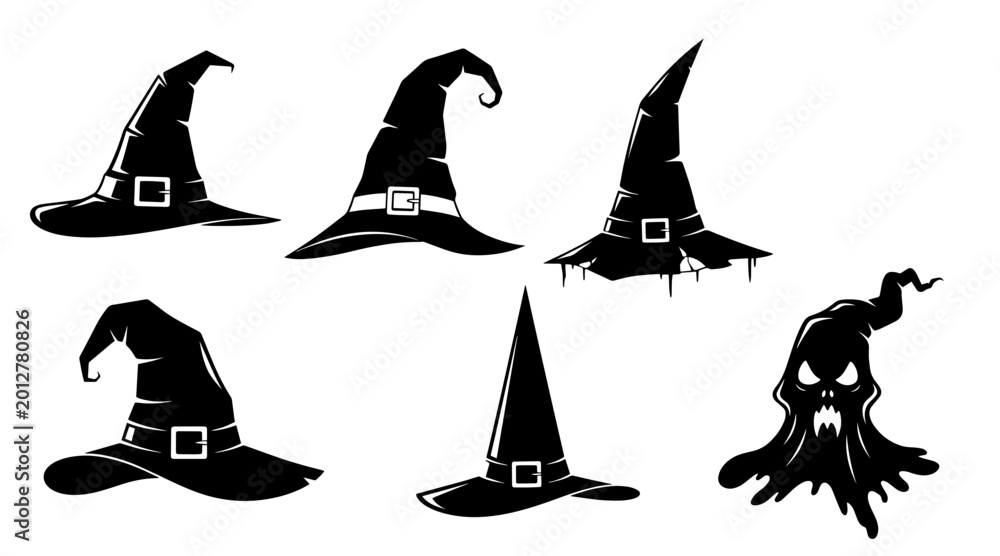 Fototapeta premium Collection of Black Silhouetted Halloween Witch Hats and a Spooky Ghost Illustration