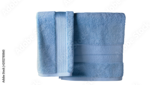 Fotografie Two soft blue terry cloth towels with ribbed bands, isolated on transparent back