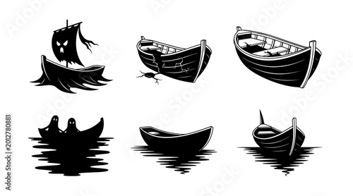 Collection of Silhouette Rowboats and Ghostly Pirate Ship, Isolated on White Background