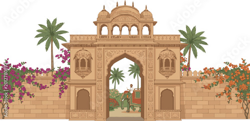 Bild auf Leinwand Isolated a realistic Traditional Rajasthani mughal palace, arch gate with garden, elephant, bougainvillea vector art with white background