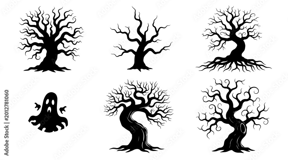 Obraz premium Set of Six Spooky Silhouette Haunted Trees and Ghost, Isolated on White Background, Halloween Theme