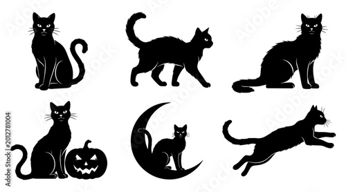 Fotografia Set of Six Black Cat Silhouettes with Moon and Pumpkin, Diverse Poses on White B