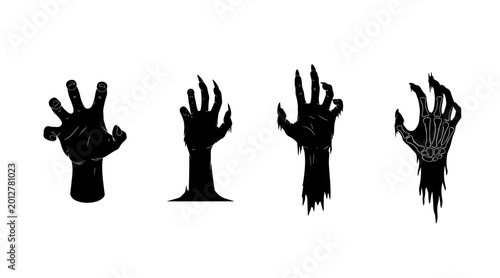 Bild auf Leinwand Collection of six creepy black hand silhouettes emerging from below, with a skeletal hand and monster claw variations