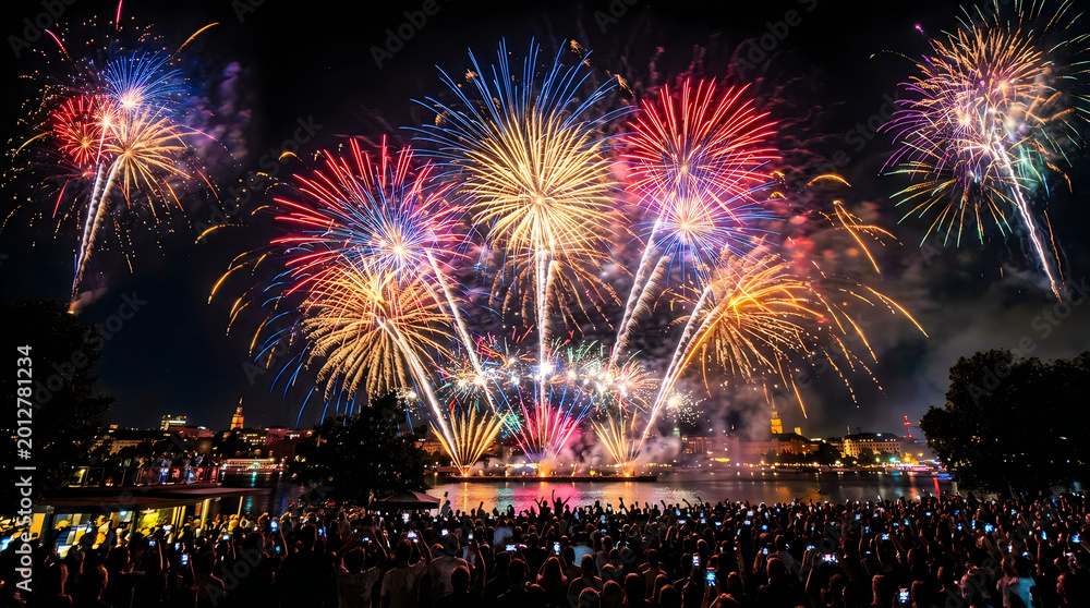Obraz premium Colorful vibrant fireworks display lighting up the night sky over city water