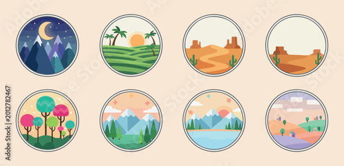 Foto Nature landscape circle badges, outdoor adventure icon set, travel destination t