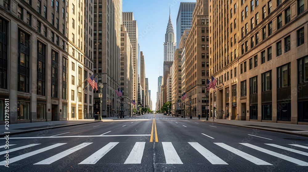 Obraz premium Sunny day in Manhattan with an empty street looking towards Midtown NYC skyscrapers.