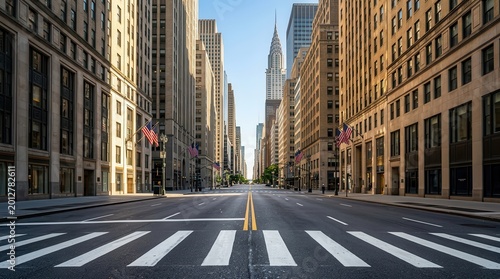 Sunny day in Manhattan with an empty street looking towards Midtown NYC skyscrapers.