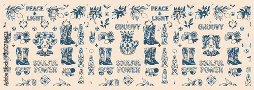 Quadro su tela Retro cowboy western pattern, soulful power aesthetic icons, vintage boots and h