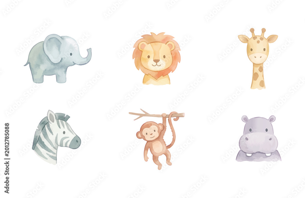 Fototapeta premium Watercolor Baby Zoo Animals Icon Set