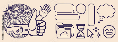 Foto Retro digital office icons, vintage computer folder doodles, file upload cloud g