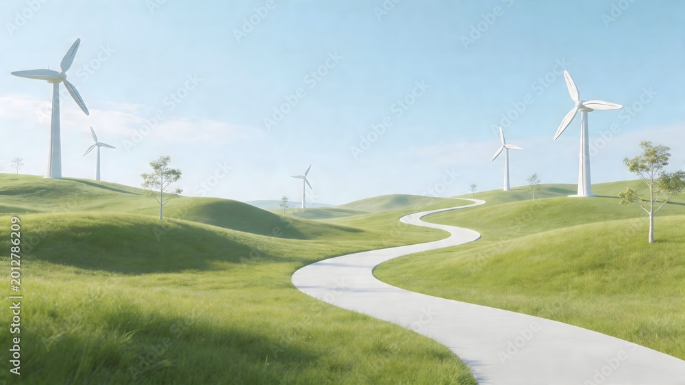 Fototapeta premium Wind turbines on green hills with winding path