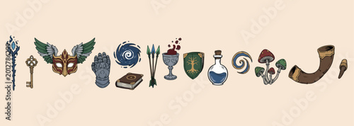 Cuadro en lienzo Magic spell book potions, mystical wizard equipment icons, alchemy science exper