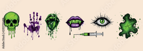 Photography Dark horror lips set, gothic vampire fangs art, spooky Halloween mouth icons, gr