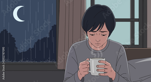 A Person Contemplating With Coffee During a Rainy Night While Feeling Dejected