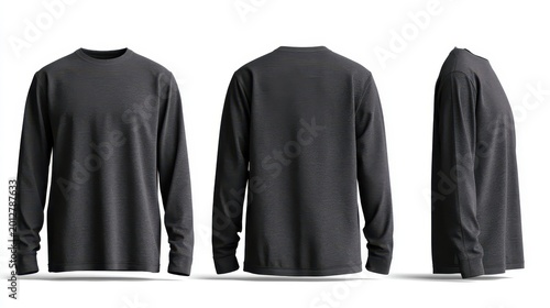 Three views of a charcoal grey long sleeve t-shirt showing front back and side angles isolated on a clean white background for professional apparel design presentation
