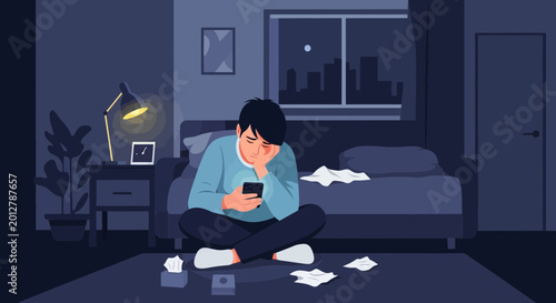 A Person Displays Sadness While Looking At Their Phone In A Bedroom Setting
