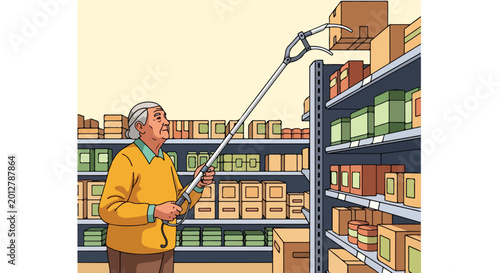 Elderly man uses a grabber tool to reach an item on a high shelf in a grocery store