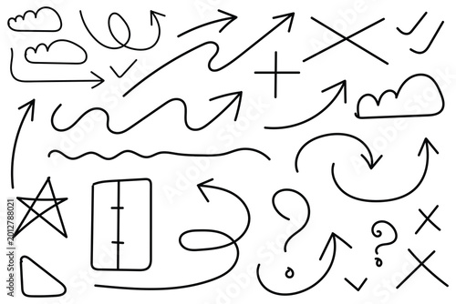Hand drawn arrows and symbols doodle set