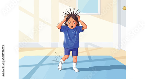 Illustration of child experiencing static shock, hair spiked, hands on head in surprise
