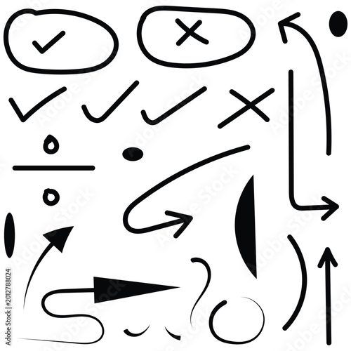 Collection of hand drawn checkmarks arrows and symbols
