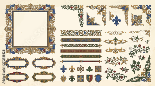 Medieval Ornamental Frame Border Floral Vintage Decorative Vector Elements Set