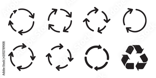 Obraz na płótnie Set of black rotation circular arrows in different styles for web design isolated on transparent background