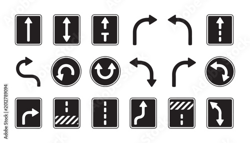 Various black road sign icons for traffic control and street direction guidance on transparent background.