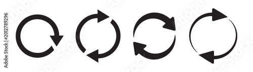 Collection of black circular arrows indicating refresh rotate reload loop and recycle concepts on background.