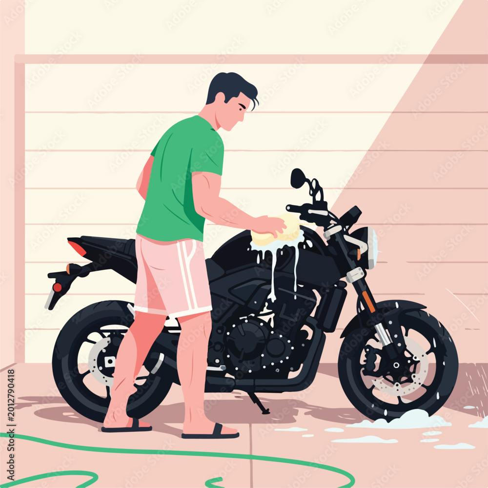 Naklejka premium A man in green shirt and pink shorts washes a black motorcycle with a soapy sponge