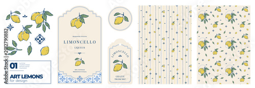 Photos Limoncello branding kit with hand drawn lemons, seamless patterns and Mediterranean label templates