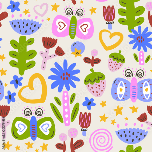 Seamless cartoon botanical texture with abstract flowers,starwberries,hearts, butterfly. Creative kids floral vector texture.