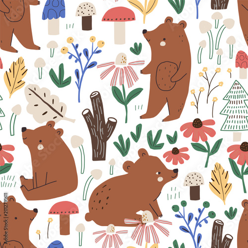 Seamless childish pattern with cute bears in forest. Creative kids forest texture for fabric, wrapping, textile, wallpaper, apparel. Vector illustration