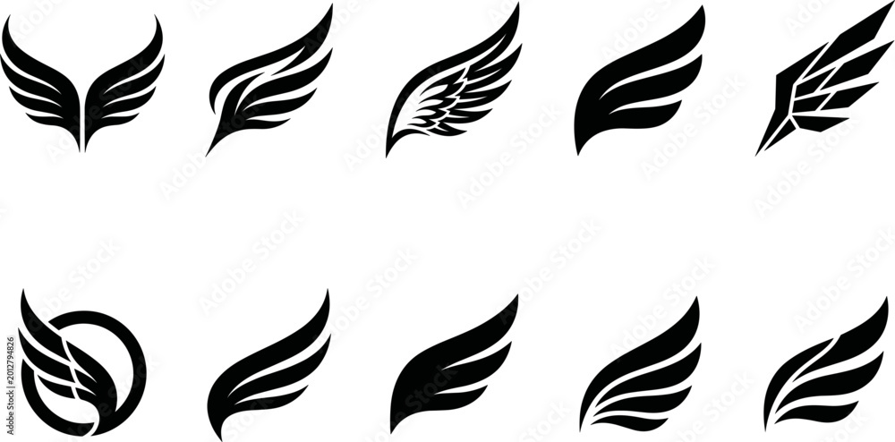 Fototapeta premium Black Wing Icon Collection with Angel Eagle and Heraldic Feather Symbol Logo Design Elements Vector Set