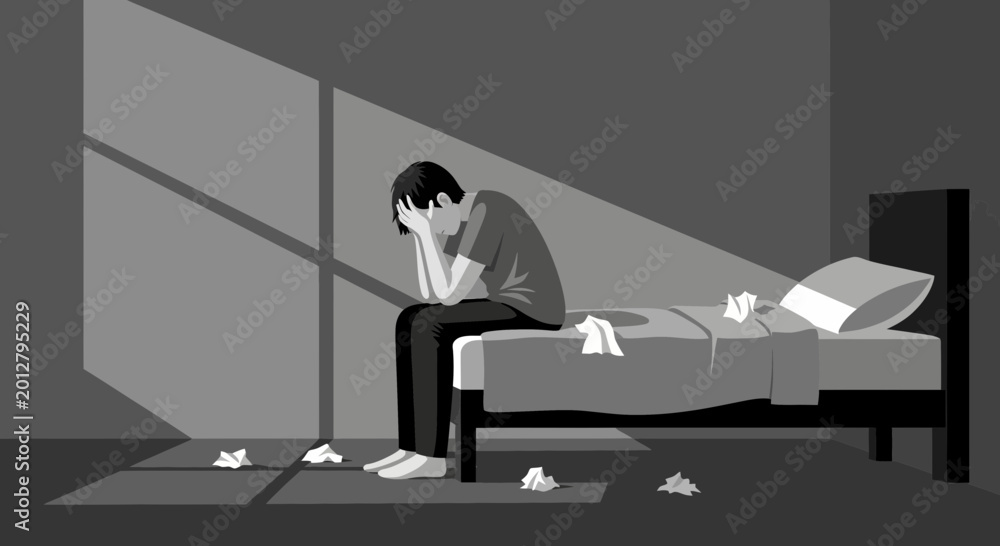 Fototapeta premium A Person Overwhelmed and Alone, Experiencing Grief and Sadness In A Room