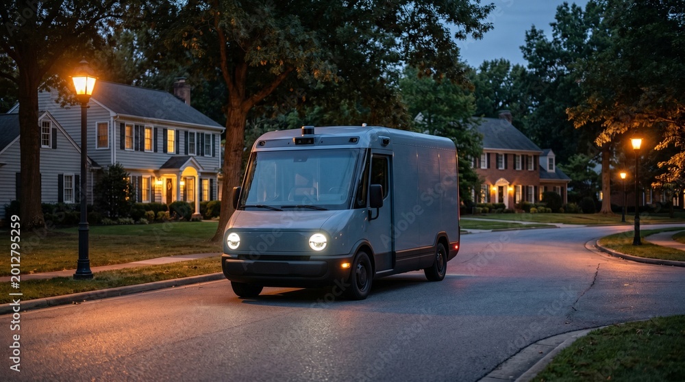 Obraz premium Delivery Van Driving Down Residential Street at Dusk.