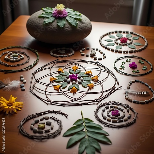 Natural Mandala Art Crafted From Foraged Forest Materials On Wooden Surface.