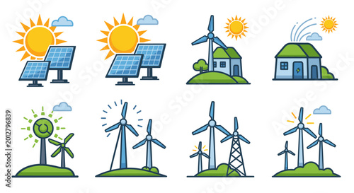 Renewable Energy Icons Solar Wind Turbines.