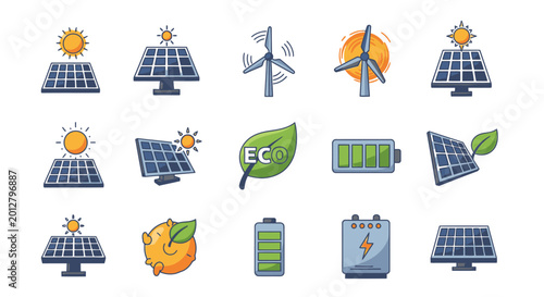 Solar panels and renewable energy icons.