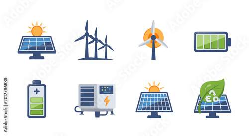 Solar panels and renewable energy icons.