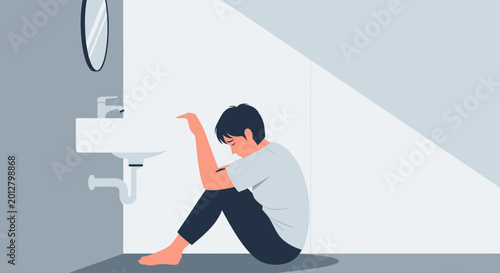 A Person Sitting in a Bathroom Feeling Sad or Depressed in a Minimalist Style