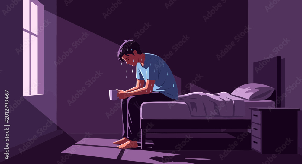 Fototapeta premium A Person Sitting On The Edge Of The Bed Looking Tired And Overwhelmed, With A Cup