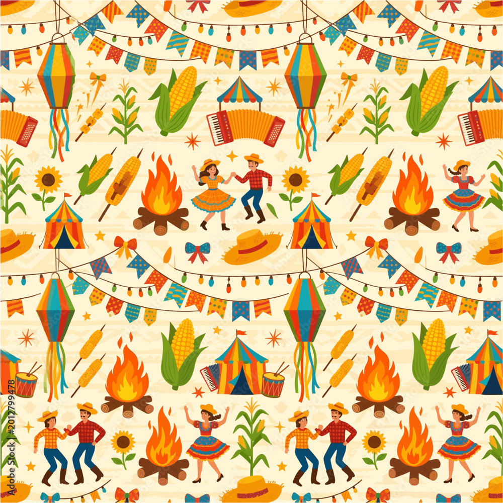Obraz premium Seamless pattern with Festa Junina elements like straw hats, flags, and sweets