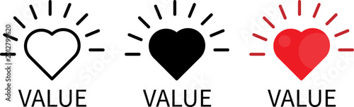 Tableau sur toile Set of heart icons with radiating lines representing value